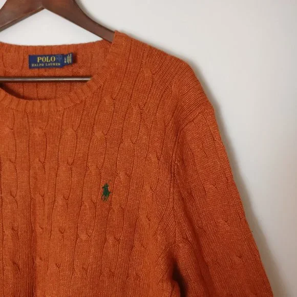 Potter Clay Brown Polo RL Pure Silk Fisherman Cable Crew Knit Logo Sweater Large - Picture 1 of 8